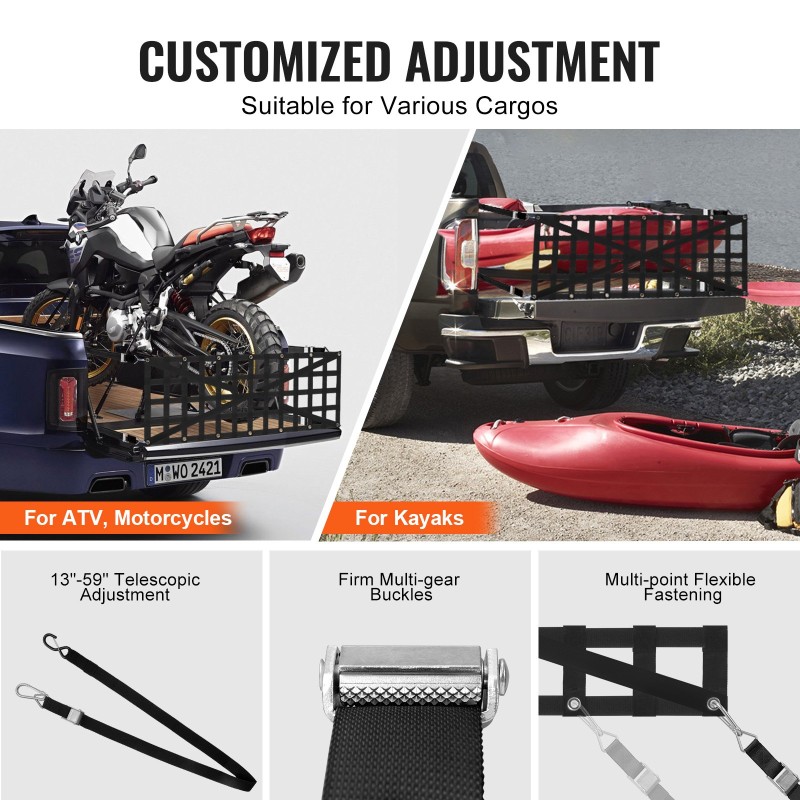 Takaluukun kuormaverkko polypropeeni 1370 x 460 mm 4 säädettävää teleskooppihihnaa ristiin vahvistettu