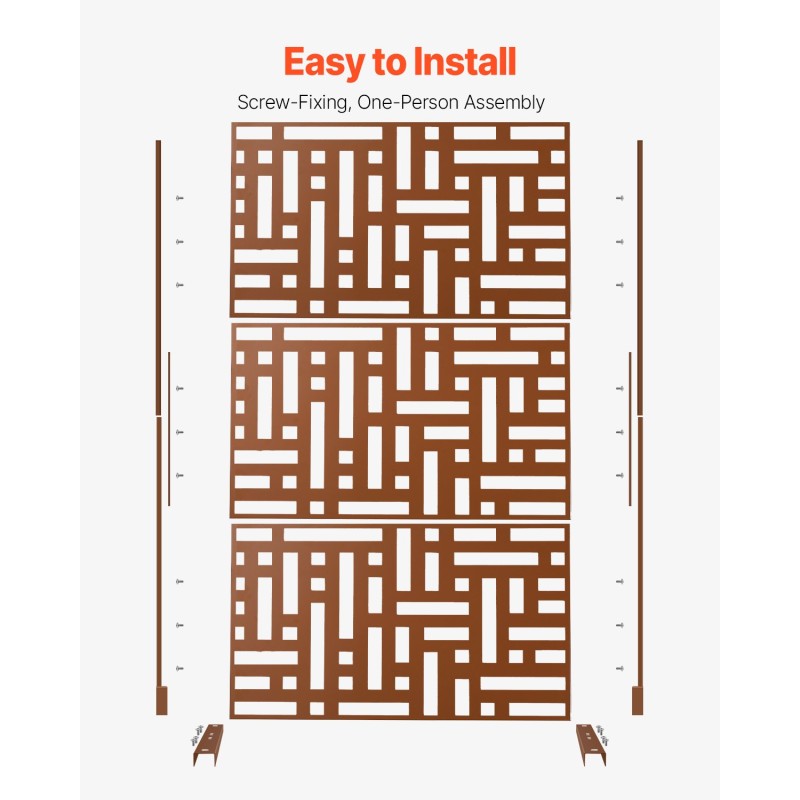 Metallinen 3-paneelinen näkösuoja jalustalla 120 x 50,8 x 193 cm ruskea parvekkeelle