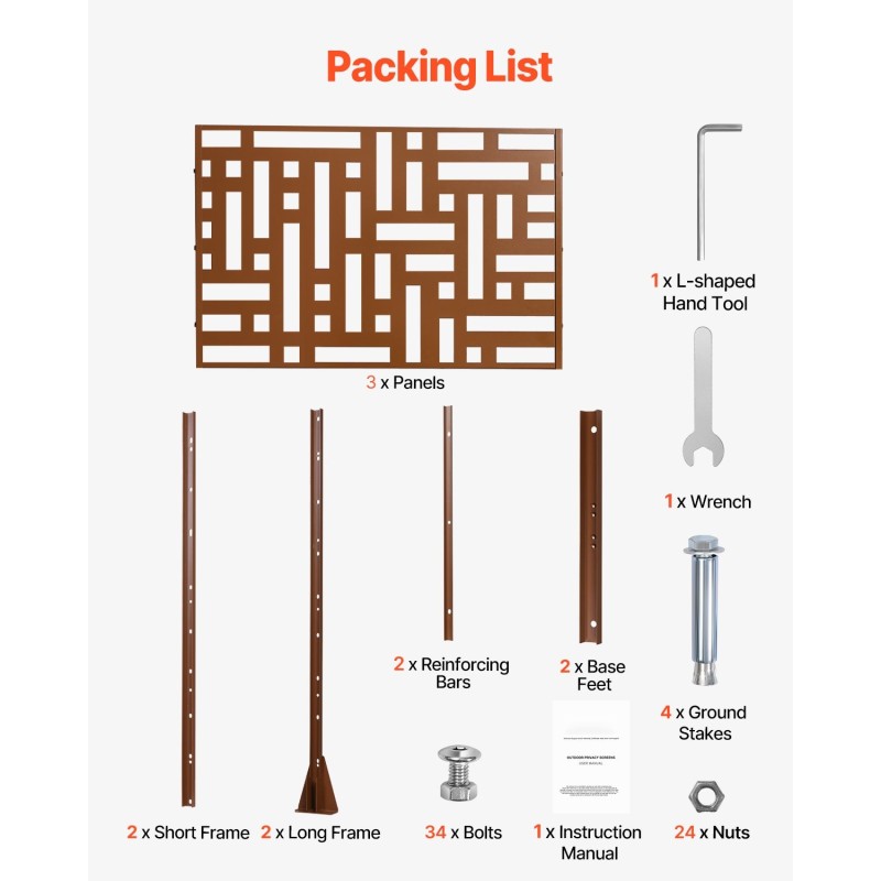 Metallinen 3-paneelinen näkösuoja jalustalla 120 x 50,8 x 193 cm ruskea parvekkeelle