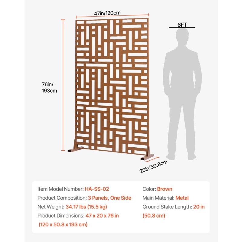 Metallinen 3-paneelinen näkösuoja jalustalla 120 x 50,8 x 193 cm ruskea parvekkeelle