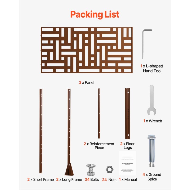 Metallinen 3-paneelinen yksityisyysseinä 91 x 191 cm ruskea vapaasti seisova jalustalla parvekkeelle