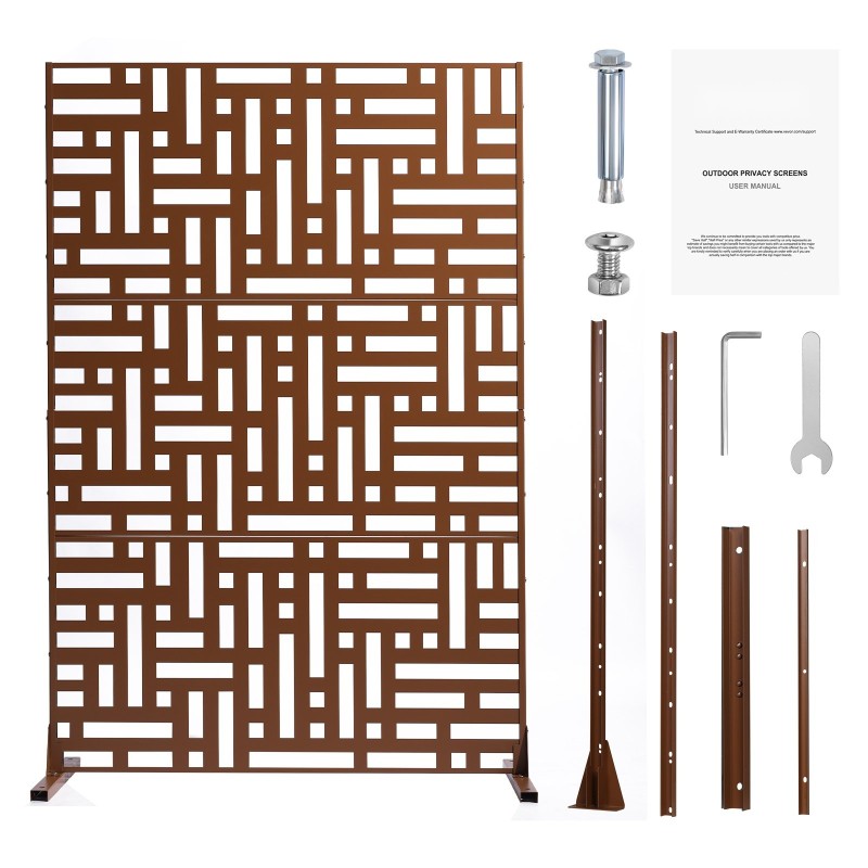 Metallinen 3-paneelinen yksityisyysseinä 91 x 191 cm ruskea vapaasti seisova jalustalla parvekkeelle