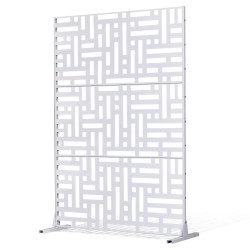 Metallinen näkösuoja kolme paneelia 120 senttimetriä leveä 193 senttimetriä korkea valkoinen jalustalla
