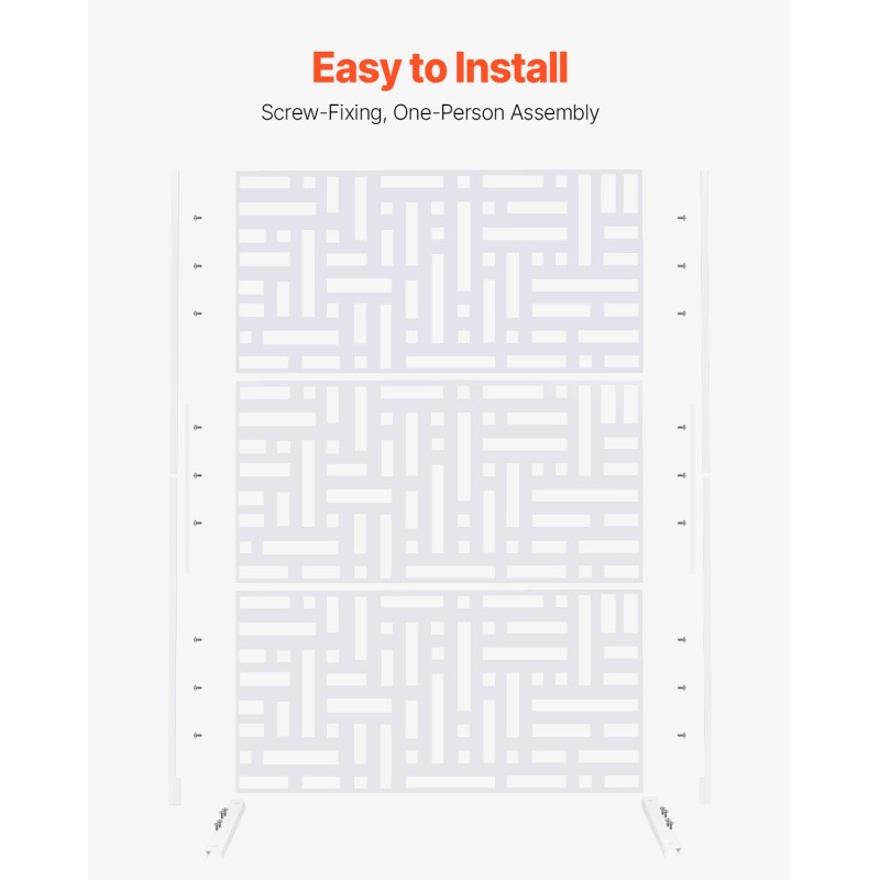 Metallinen näkösuoja kolme paneelia 120 senttimetriä leveä 193 senttimetriä korkea valkoinen jalustalla