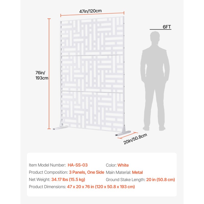 Metallinen näkösuoja kolme paneelia 120 senttimetriä leveä 193 senttimetriä korkea valkoinen jalustalla