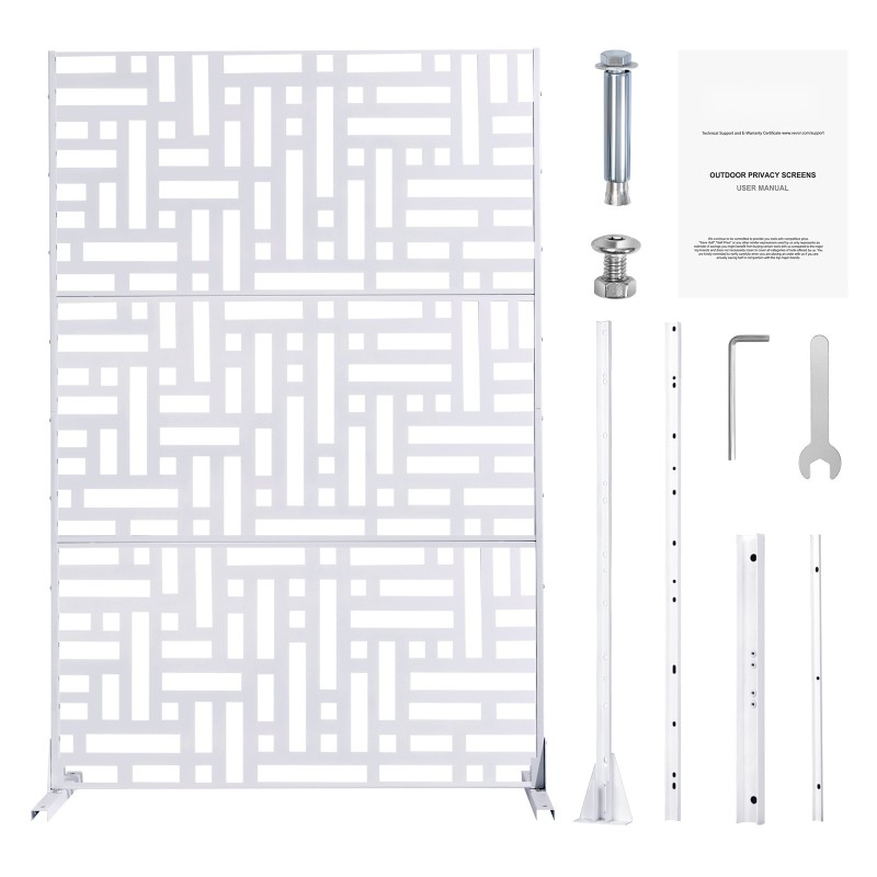 Metallinen näkösuoja kolme paneelia 120 senttimetriä leveä 193 senttimetriä korkea valkoinen jalustalla