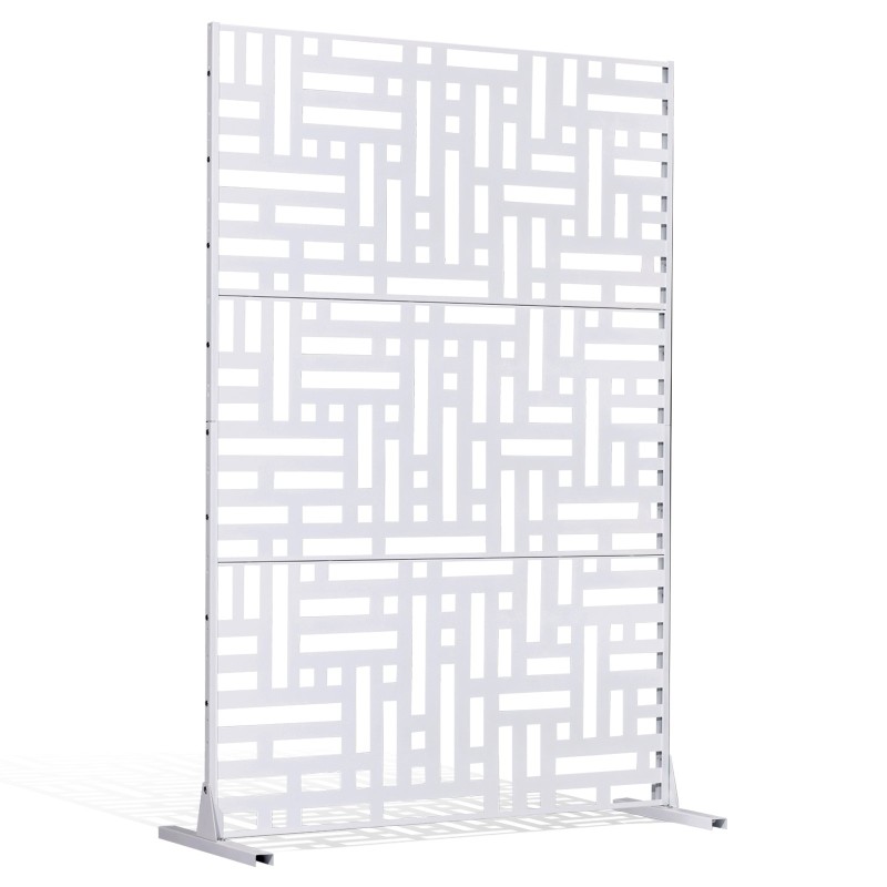 Metallinen näkösuoja kolme paneelia 120 senttimetriä leveä 193 senttimetriä korkea valkoinen jalustalla