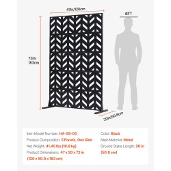 Metallinen 5-paneelinen vapaasti seisova näkösuoja musta 120 x 50,8 x 183 cm