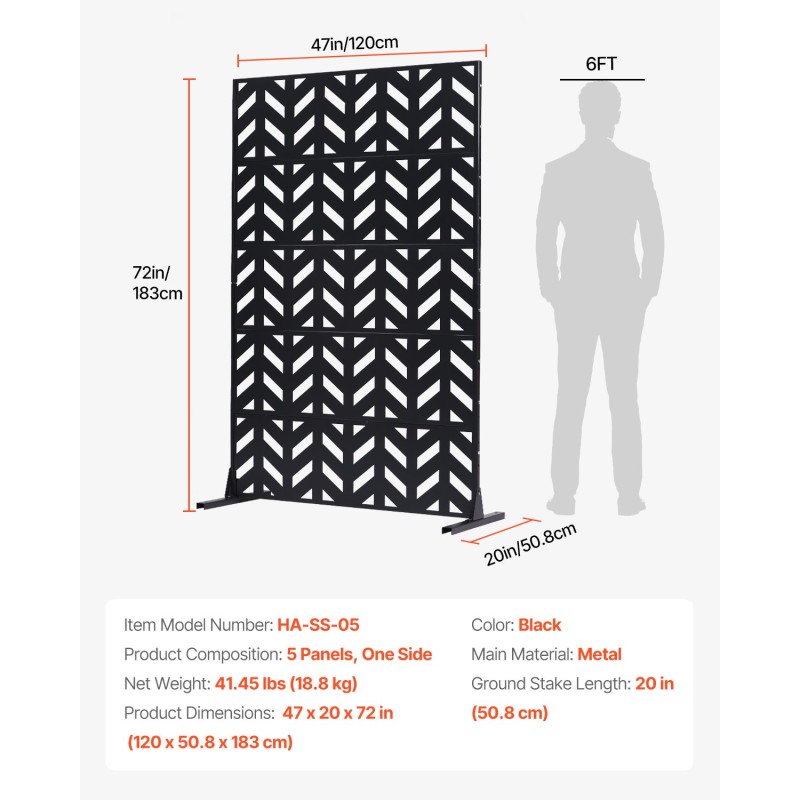 Metallinen 5-paneelinen vapaasti seisova näkösuoja musta 120 x 50,8 x 183 cm