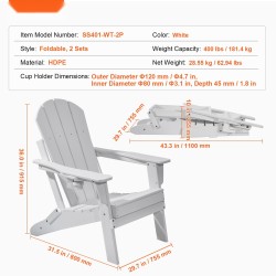 Ulkotuoli Adirondack HDPE-muovi kokoontaitettava 2 kpl valkoinen säänkestävä kuppiteline
