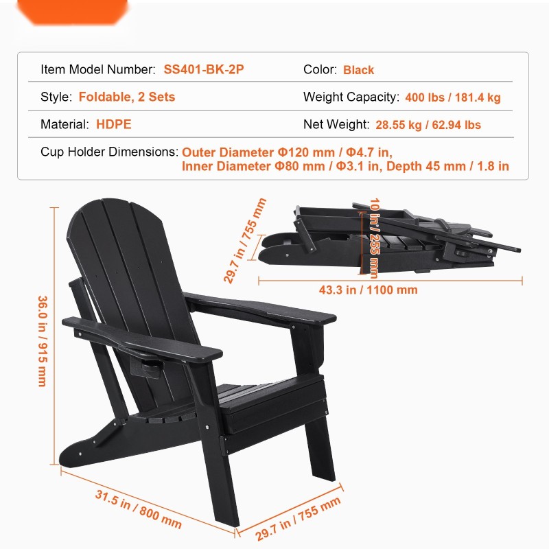 Taitettava Adirondack-tuolisetti 2 kpl HDPE-muovia ulkokäyttöön musta mukinpidikkeellä