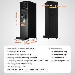 Kaupallinen vedenkeitin 20 litraa 3000 wattia 50 litraa tunnissa 316 ruostumatonta terästä