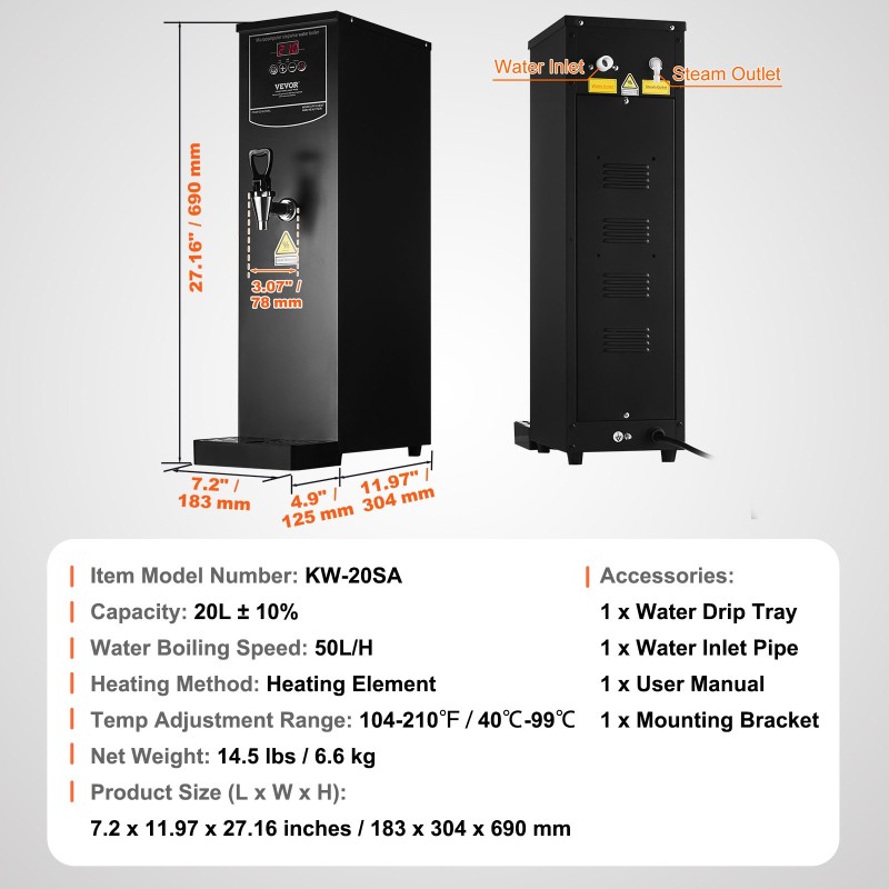 Kaupallinen vedenkeitin 20 litraa 3000 wattia 50 litraa tunnissa 316 ruostumatonta terästä
