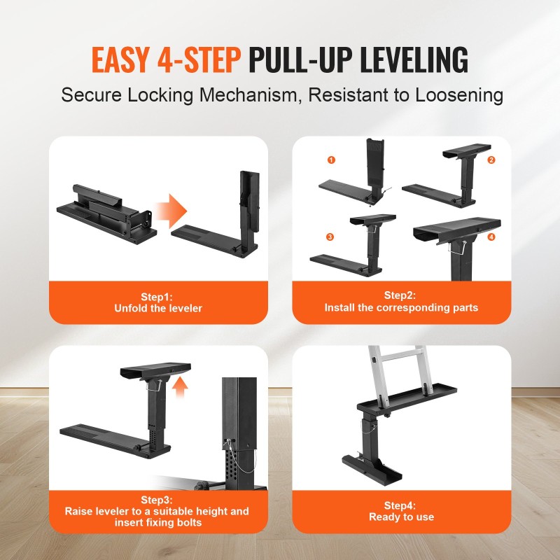 Tikkaiden tasoitin portaissa ja epätasaiselle maalle hiiliteräksinen 594 mm tukipinta liukuestokumijalat