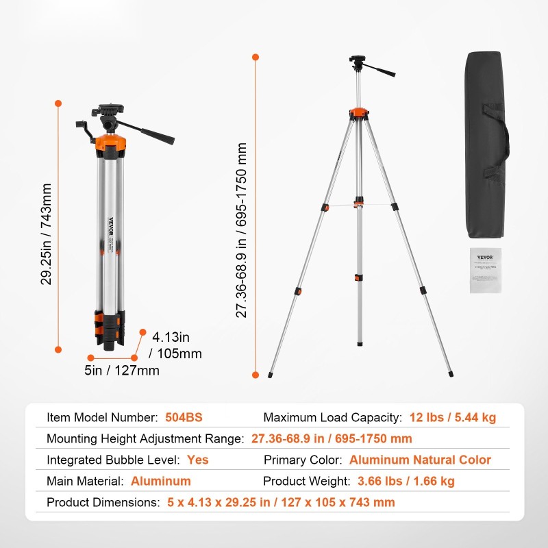 Alumiininen säädettävä kolmijalka 695–1750 mm 1/4x20-kierre integroidulla kuplatasolla