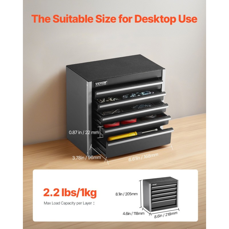 Pieni teräksinen työkalulaatikko viisi laatikkoa EVA-sisämatot PP-jalat musta