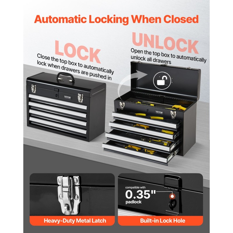 Metallinen 20,5-tuumainen työkalulaatikko 4 vetolaatikkoa kannettava EVA-sisävuorauksilla lukittava