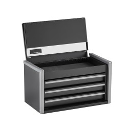 Teräksinen työkalulaatikko kolme vetolaatikkoa kompakti pientyökaluille pehmustetuilla sisuksilla musta