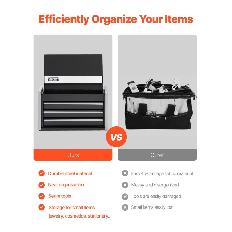 Teräksinen työkalulaatikko kolme vetolaatikkoa kompakti pientyökaluille pehmustetuilla sisuksilla musta