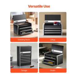 Teräksinen työkalulaatikko kolme vetolaatikkoa kompakti pientyökaluille pehmustetuilla sisuksilla musta