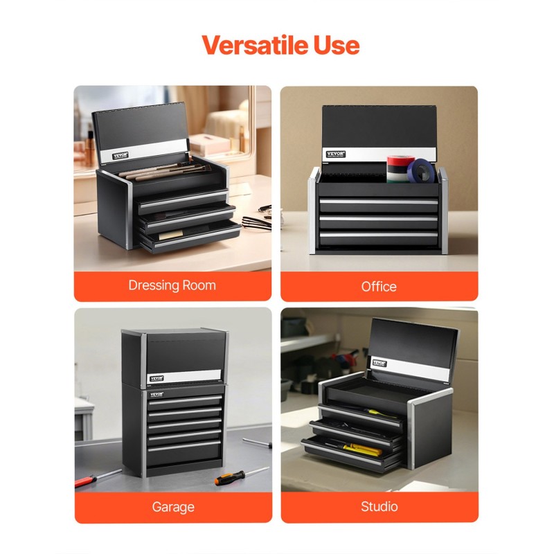 Teräksinen työkalulaatikko kolme vetolaatikkoa kompakti pientyökaluille pehmustetuilla sisuksilla musta