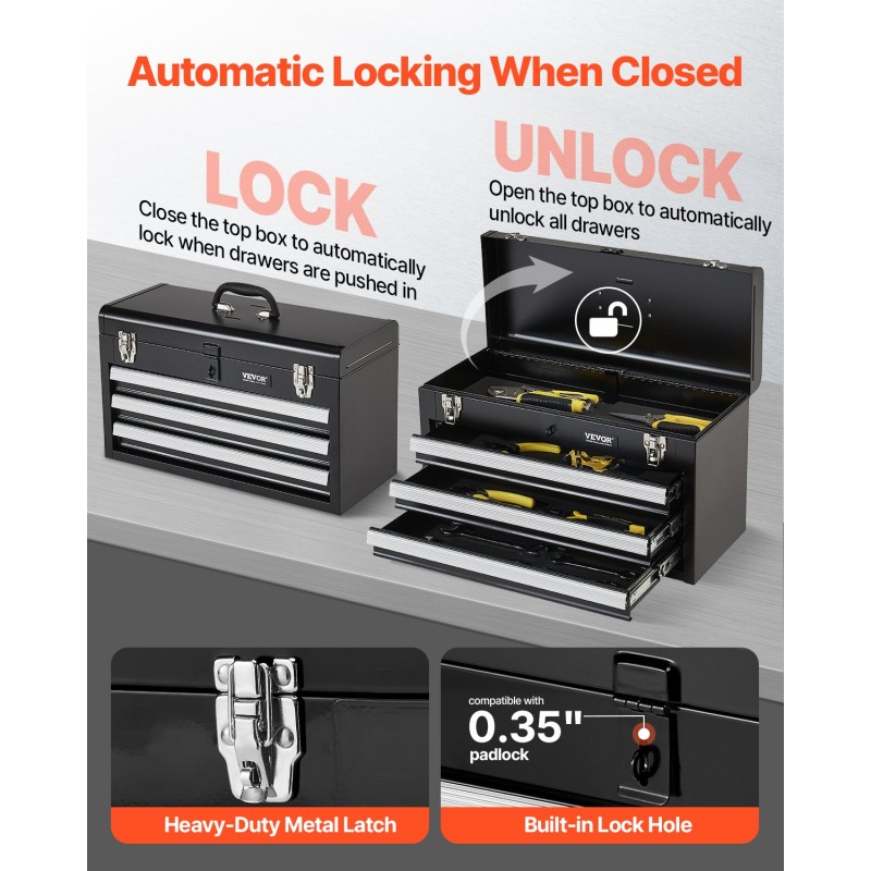 Metallinen työkalulaatikko 3 vetolaatikkoa EVA-matot koko 520 x 218 x 304 mm