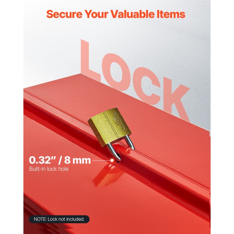 Työkalulaatikko jauhemaalattua terästä neljäntoista tuuman kaksitasoinen kolme tarjotinta punainen kantokahvalla lukitusreiällä