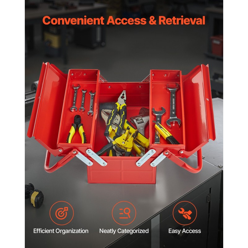 Työkalulaatikko jauhemaalattua terästä neljäntoista tuuman kaksitasoinen kolme tarjotinta punainen kantokahvalla lukitusreiällä