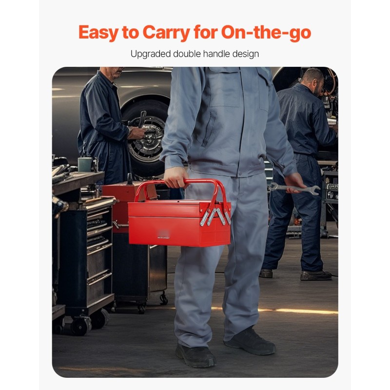 Työkalulaatikko jauhemaalattua terästä neljäntoista tuuman kaksitasoinen kolme tarjotinta punainen kantokahvalla lukitusreiällä