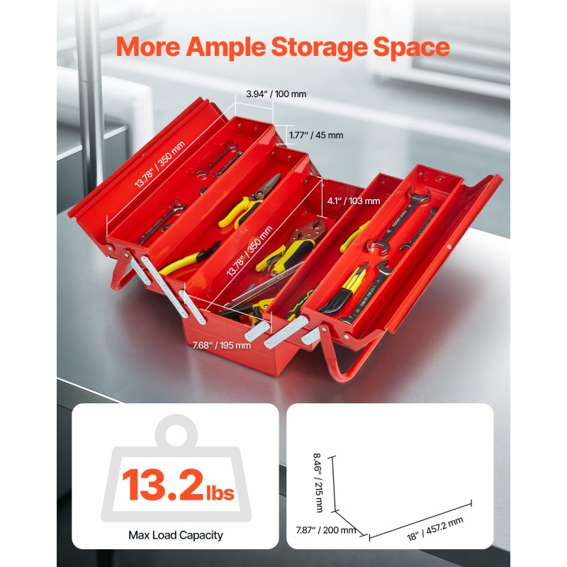 Työkalulaatikko jauhemaalattua terästä 18 tuumaa kolmitasoinen viisi tarjotinta kantokahvalla lukitusreiällä punainen