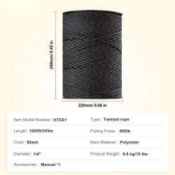 Sähköaitalanka polyesteriköysi 305 m halkaisija 6,35 mm 2 kuparisäiettä musta kotieläimille