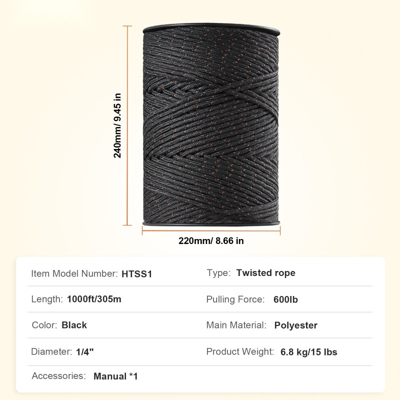Sähköaitalanka polyesteriköysi 305 m halkaisija 6,35 mm 2 kuparisäiettä musta kotieläimille