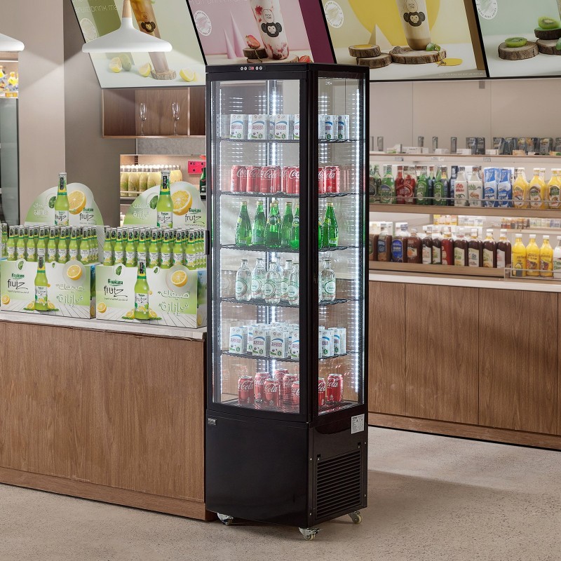 Jäähdytetty esillepanokaappi 278 l viisi hyllytasoa karkaistu lasi LED-valaistus Turbo-jäähdytys