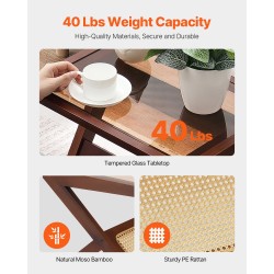 Sohvapöytä Z-muotoinen karkaistulla lasikannella bambujaloilla rottinkipunoksella 1-tasoinen pähkinänvärinen