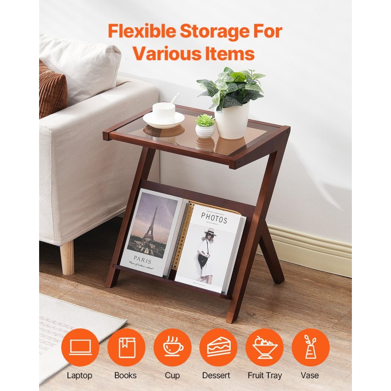 Sohvapöytä Z-muotoinen karkaistulla lasikannella bambujaloilla rottinkipunoksella 1-tasoinen pähkinänvärinen