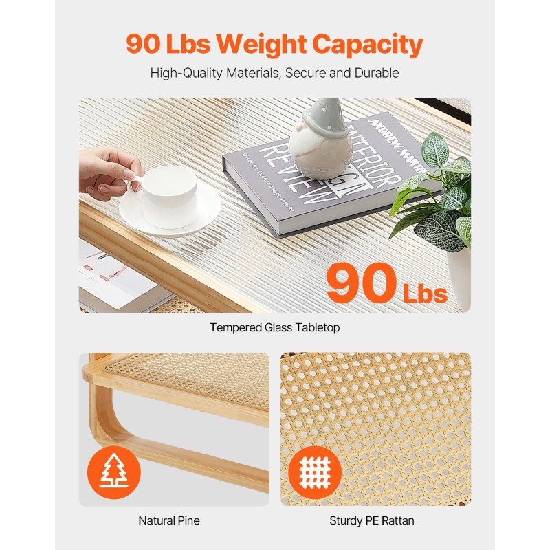 Sohvapöytä rottinkinen suorakulmainen 115 cm karkaistu lasikansi kaksitasoinen säilytaso mäntyjalat