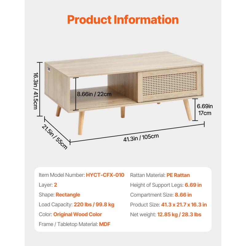 Sohvapöytä suorakulmainen kaksitasoinen MDF pöytätaso PE rottinki liukuovilla massiivipuujalat 105 cm