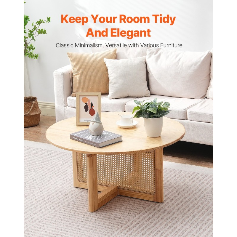 Sohvapöytä pyöreä rottinkinen kumipuinen pöytätaso 85 cm halkaisija korkeus 42 cm säilytöhylly