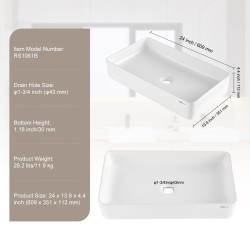 Malja-allas keraaminen suorakulmainen 609x351x112mm valkoinen tason päälle asennettava