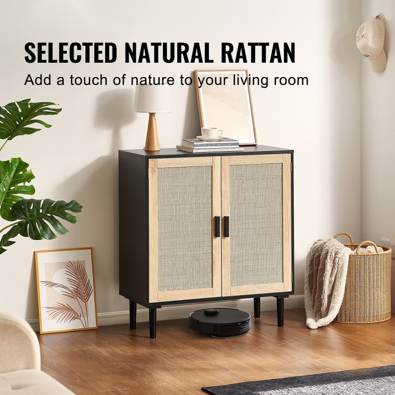 Rottinkikaappi luonnonrottinkiovilla musta runko 2 ovea säädettävät hyllyt magneettilukot