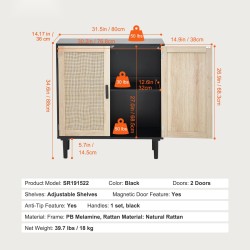 Rottinkikaappi luonnonrottinkiovilla musta runko 2 ovea säädettävät hyllyt magneettilukot