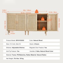 Rottinkikaappi kaksi kappaletta luonnollinen rottinki melamiinirunko neljä magneettilukollista ovea säädettävät hyllyt