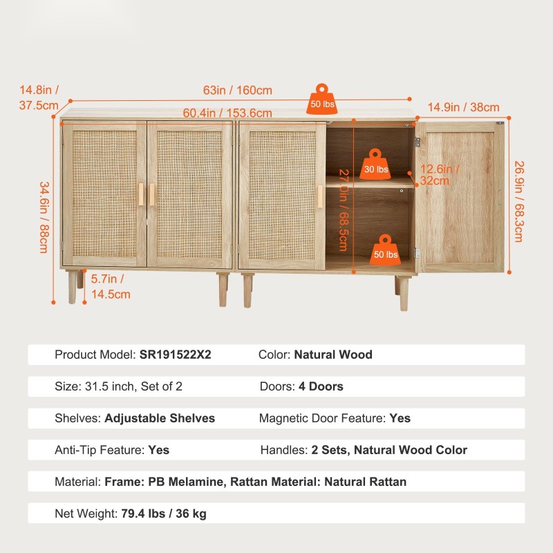 Rottinkikaappi kaksi kappaletta luonnollinen rottinki melamiinirunko neljä magneettilukollista ovea säädettävät hyllyt