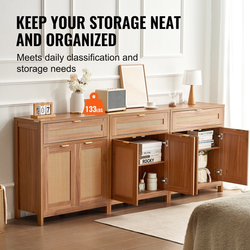 Rottinkikaappisetti kolmen kaapin muovirottinki luonnonpuu kuusi magneettiovea kolme laatikkoa säädettävät hyllyt