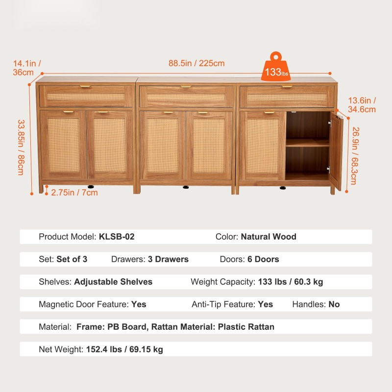 Rottinkikaappisetti kolmen kaapin muovirottinki luonnonpuu kuusi magneettiovea kolme laatikkoa säädettävät hyllyt