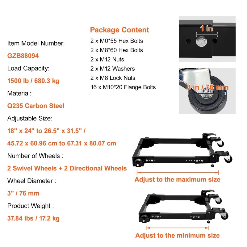 Säädettävä siirtoalusta Q235-hiiliteräs 680 kg kantavuus 457–673 x 609–801 mm