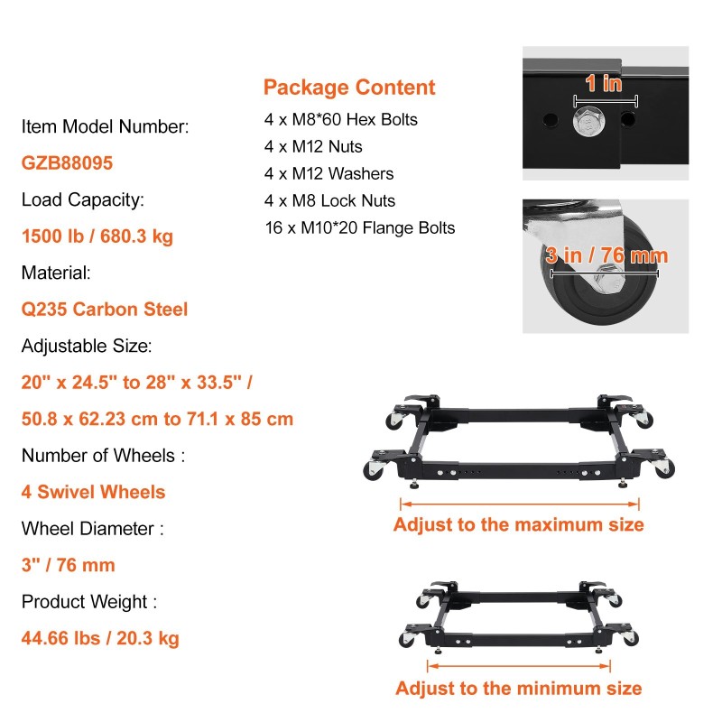 Siirrettävä teräsalusta säädettävä 508–711×622–850 mm 680 kg 4 lukittavaa kääntöpyörää