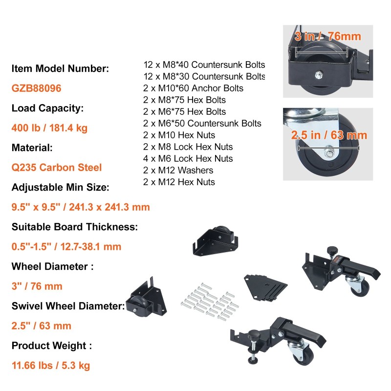 Siirrettävä raskas alusta Q235-hiiliteräs 181,4 kg kantavuus lukittavat pyörät puuntyöstöön