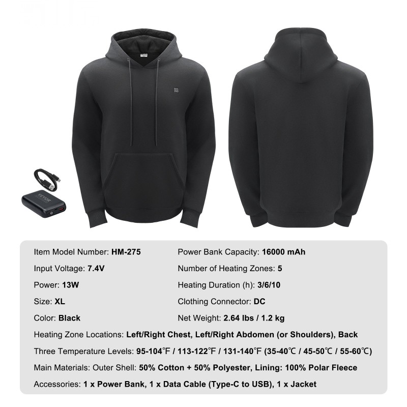 Lämmitettävä huppari XL musta puuvilla polyesteri fleecevuori 5 lämmitysvyöhykettä 7,4 voltin akku