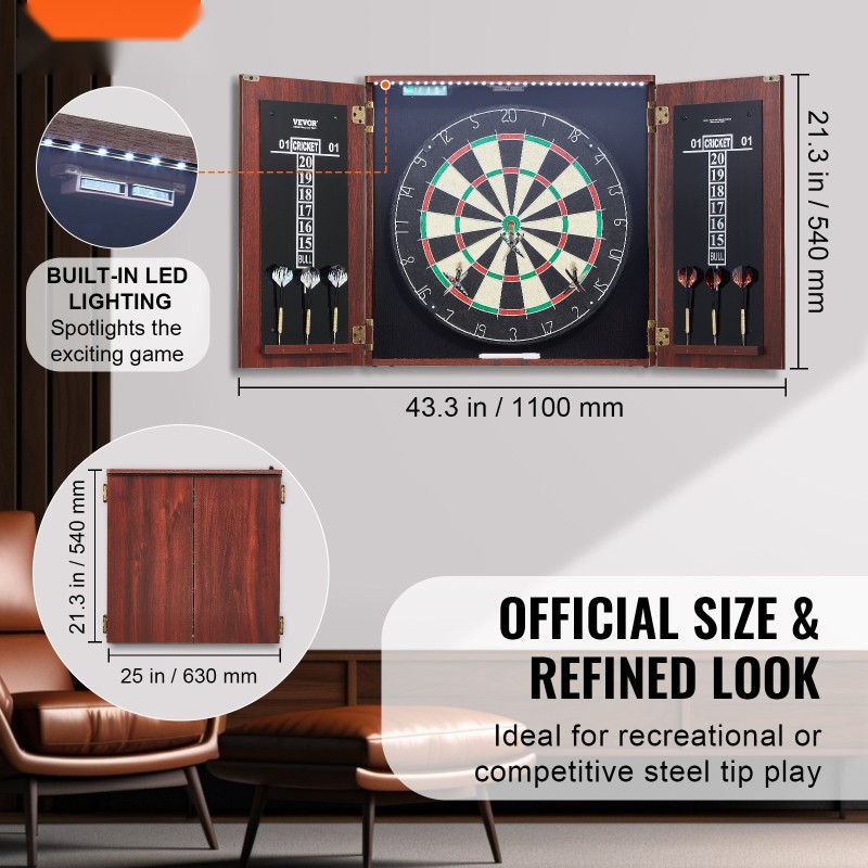 Tikkataulu ja kaappi 45 cm sisal integroitu LED valaistus 6 teräskärkistä tikkaa